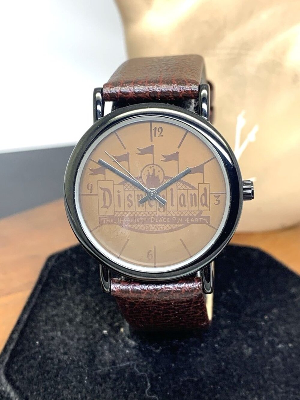 Disney Time Works Disneyland Unisex Watch Black Quartz Brown Leather Strap 34mm